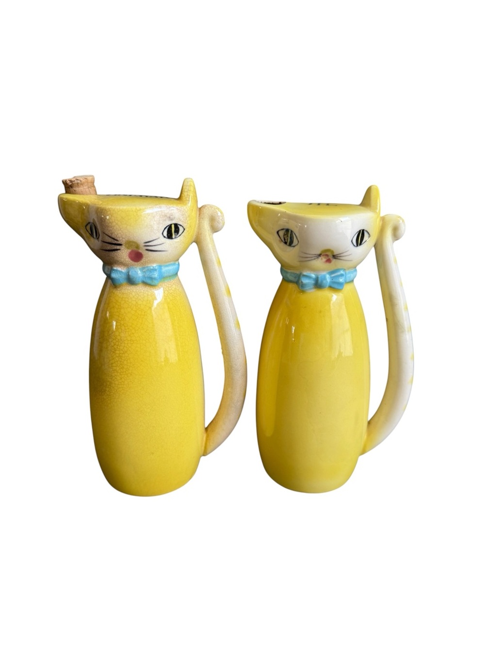 Lipper Mann Yellow Cat Cruet‎ Set Oil Vinegar Anthropomorphic Vintage 50s